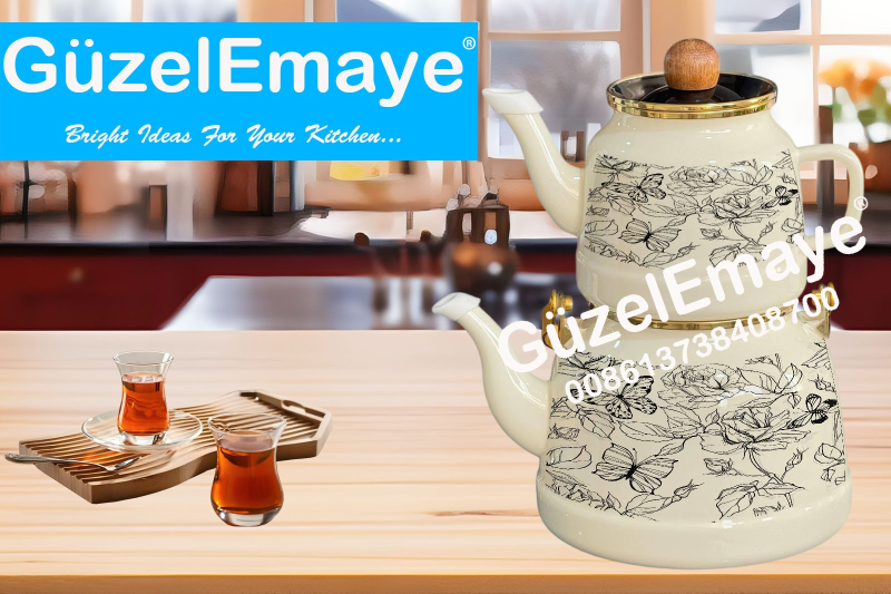 1.0L/2.5L GüzelEmaye Enamel Teapot Kettle Set With Decal Designs Wooden Knobs & Handle And Golden Rim