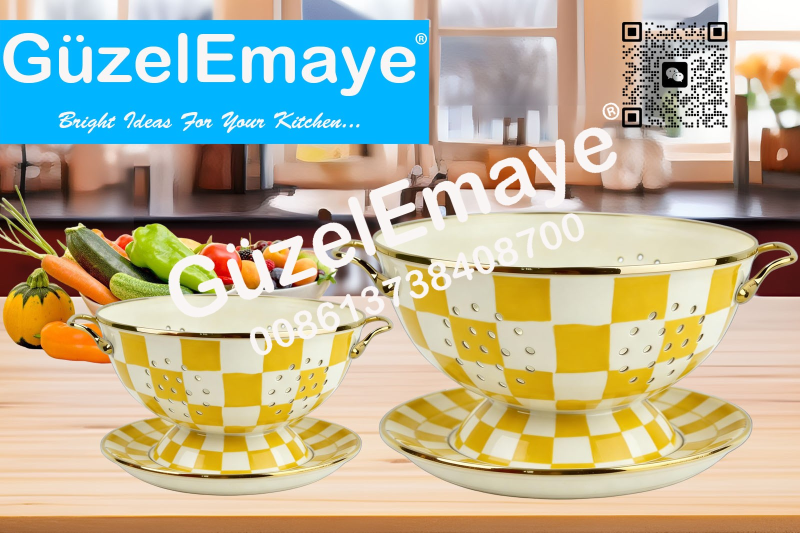 GüzelEmaye Enamel Metal Colander Set Of 2 Pieces Colander+Plate , Strainer Basket with Handles Perfect For Spaghetti, Pasta, Berry, Vegetable, Fruit