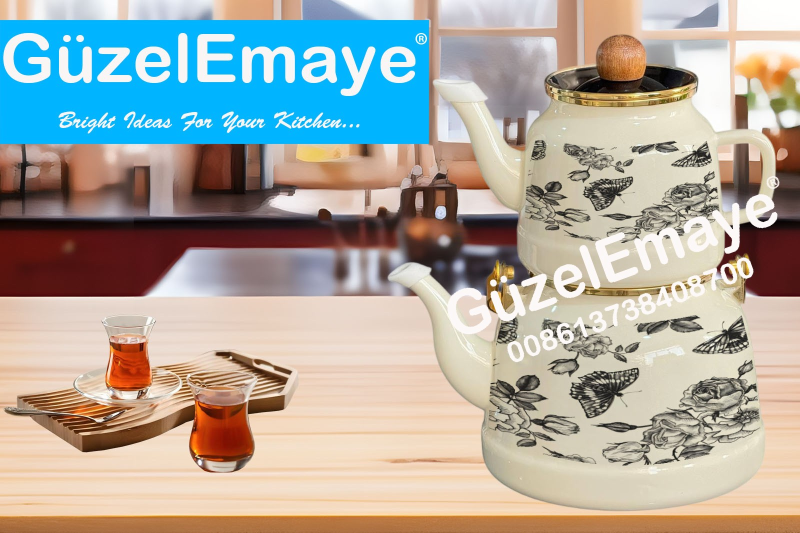 1.0L/2.5L GüzelEmaye Enamel Teapot Kettle Set With Decal Designs Wooden Knobs & Handle And Golden Rim