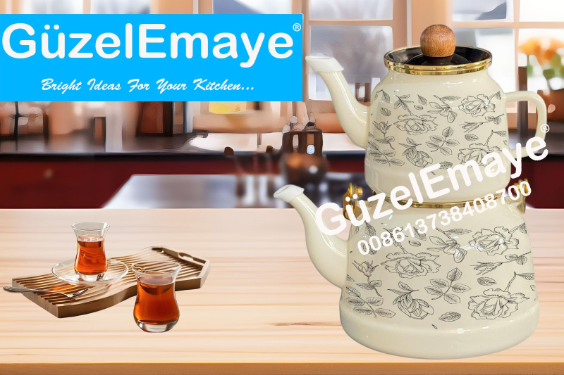 1.0L/2.5L GüzelEmaye Enamel Teapot Kettle Set With Decal Designs Wooden Knobs & Handle And Golden Rim