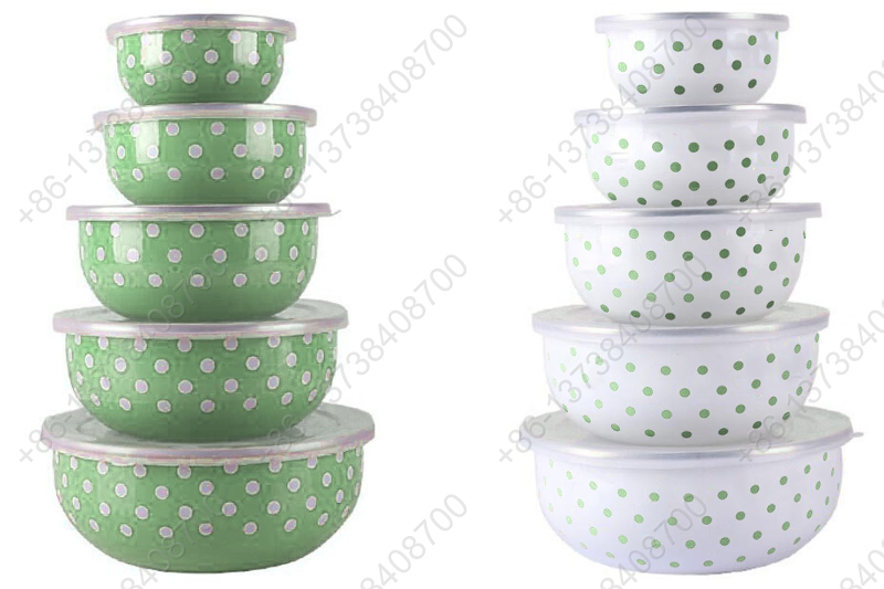 10/12/14/16/18CM Enamel Round Shape Storage Bowl Enamel Food Container Box With Plastic Cover And Dot Decals
