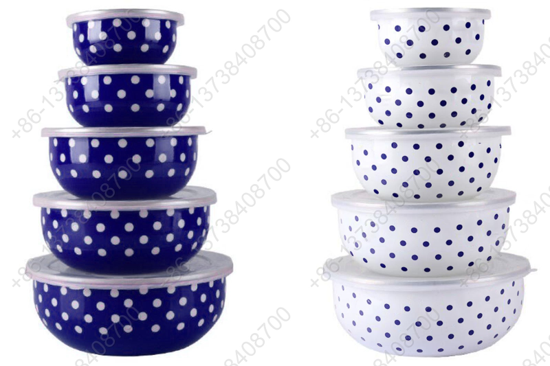 10/12/14/16/18CM Enamel Round Shape Storage Bowl Enamel Food Container Box With Plastic Cover And Dot Decals