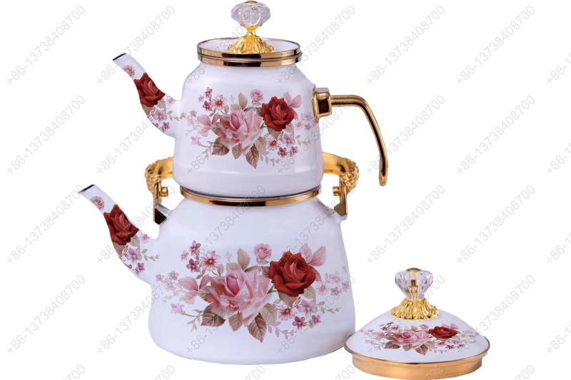 1.0L/2.5L Luxury Quality Enamel Tea Pot Kettle Set With Decal & Gold Stainless Steel Handle & Crystal Heat Resistant Handle|ظروف_لعابی|قابلمه_لعابی|لعابی_رنگی|لعابی_درجه_یک