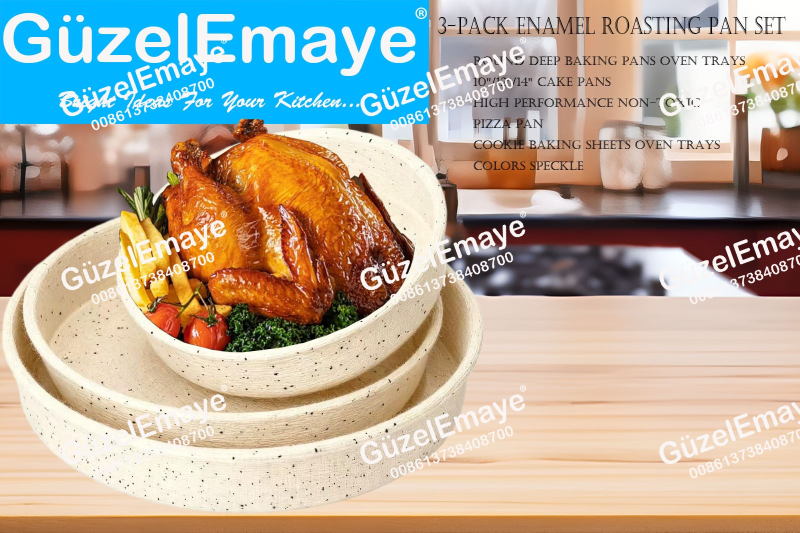 3-Pack 26cm-32cm-38cm Enamel Roasting Pan Set Round Deep Baking Pans Oven Trays10