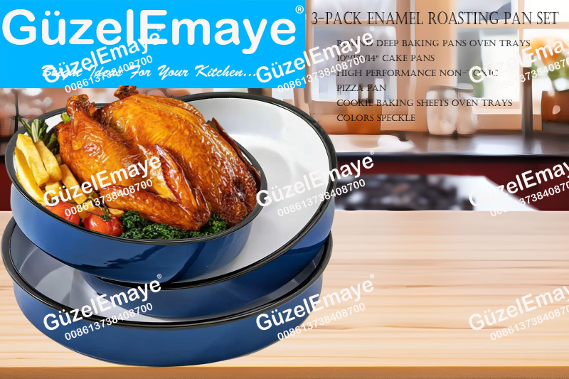 3-Pack 26cm-32cm-38cm Enamel Roasting Pan Set Round Deep Baking Pans Oven Trays10