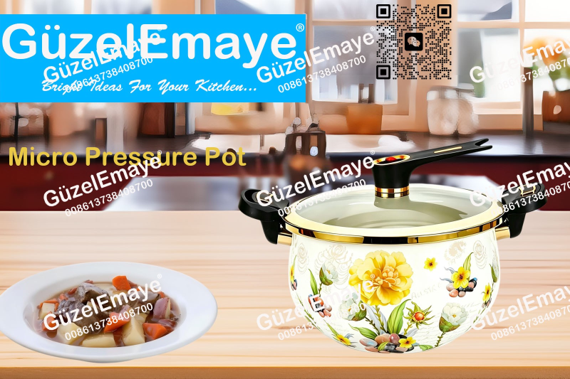 Luxury European Middle Eastern Style Enamel Micro Pressure Cooker Pot With Golden Parts & Vintage Floral Decals