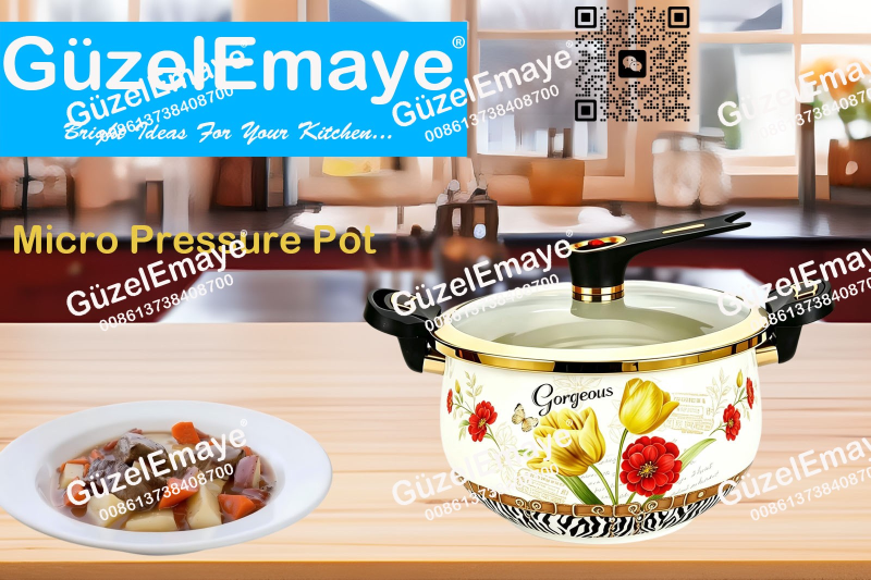 Luxury European Middle Eastern Style Enamel Micro Pressure Cooker Pot With Golden Parts & Vintage Floral Decals