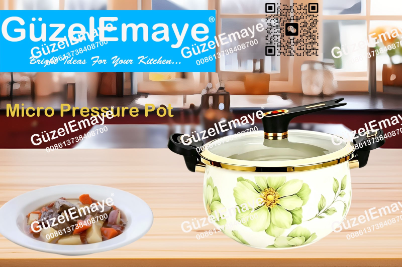 Luxury European Middle Eastern Style Enamel Micro Pressure Cooker Pot With Golden Parts & Vintage Floral Decals