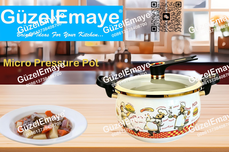 Luxury European Middle Eastern Style Enamel Micro Pressure Cooker Pot With Golden Parts & Vintage Floral Decals