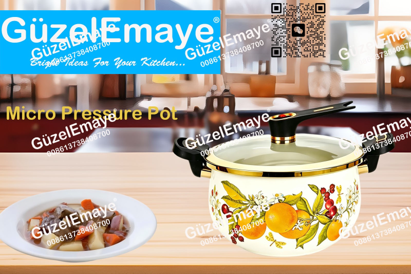 Luxury European Middle Eastern Style Enamel Micro Pressure Cooker Pot With Golden Parts & Vintage Floral Decals