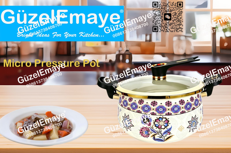 Luxury European Middle Eastern Style Enamel Micro Pressure Cooker Pot With Golden Parts & Vintage Floral Decals
