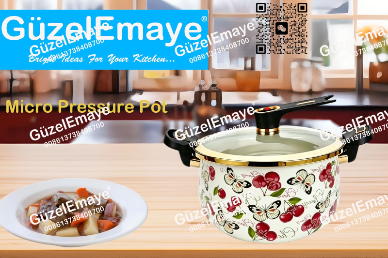Luxury European Middle Eastern Style Enamel Micro Pressure Cooker Pot With Golden Parts & Vintage Floral Decals