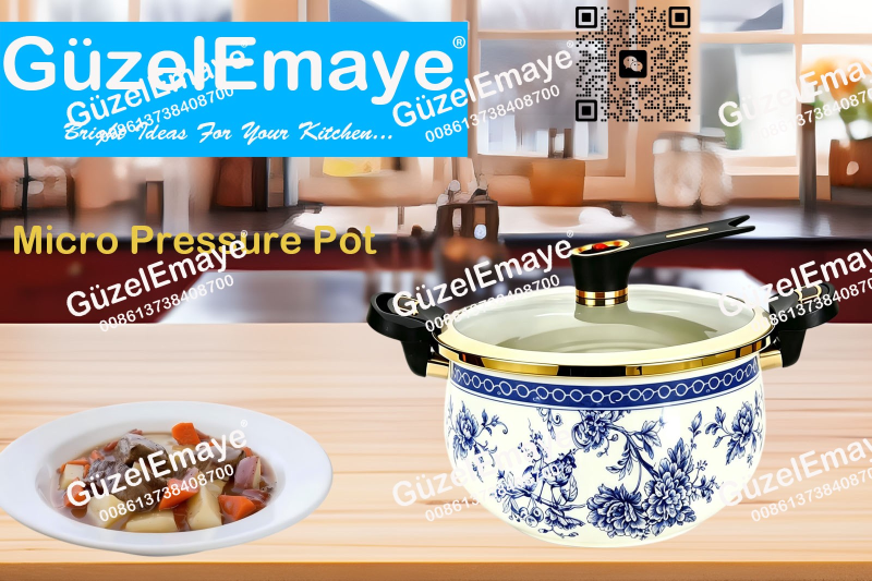 Luxury European Middle Eastern Style Enamel Micro Pressure Cooker Pot With Golden Parts & Vintage Floral Decals