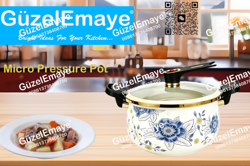 Luxury European Middle Eastern Style Enamel Micro Pressure Cooker Pot With Golden Parts & Vintage Floral Decals