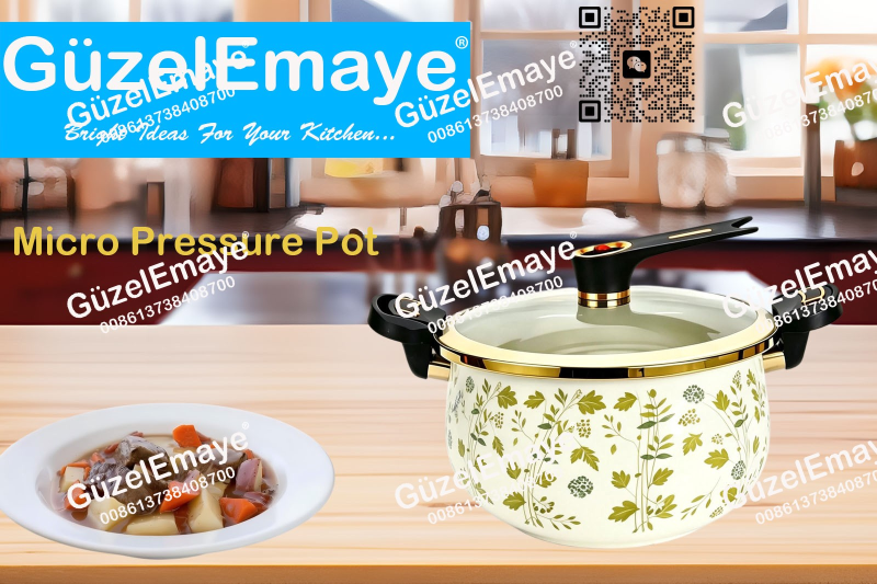 Luxury European Middle Eastern Style Enamel Micro Pressure Cooker Pot With Golden Parts & Vintage Floral Decals