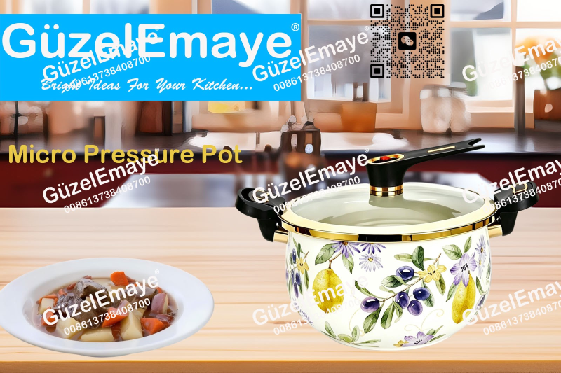 Luxury European Middle Eastern Style Enamel Micro Pressure Cooker Pot With Golden Parts & Vintage Floral Decals