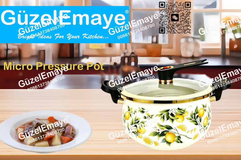 Luxury European Middle Eastern Style Enamel Micro Pressure Cooker Pot With Golden Parts & Vintage Floral Decals