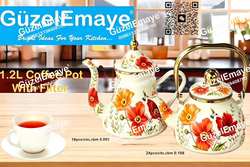 1.2L Luxury Mid-East Market Enamel Coffee Pot Enamel Teapot Kettle With Filter & Golden Knobs & Handle
