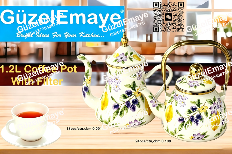 1.2L Luxury Mid-East Market Enamel Coffee Pot Enamel Teapot Kettle With Filter & Golden Knobs & Handle