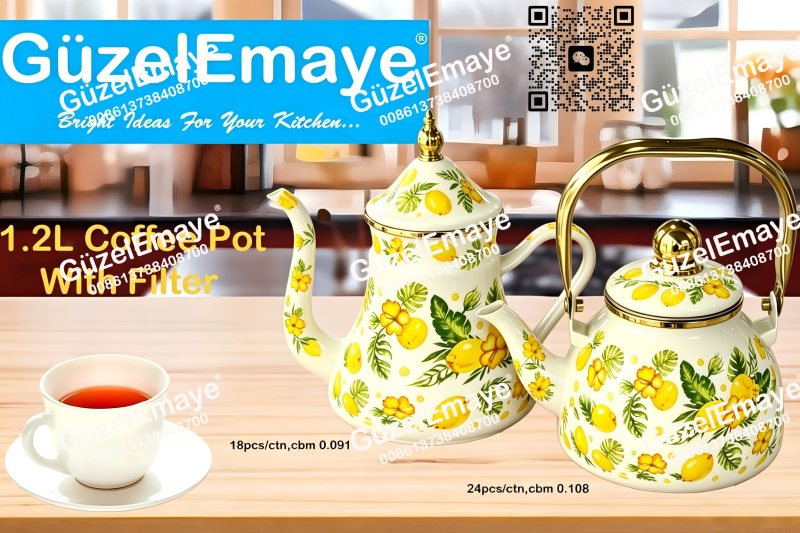 1.2L Luxury Mid-East Market Enamel Coffee Pot Enamel Teapot Kettle With Filter & Golden Knobs & Handle