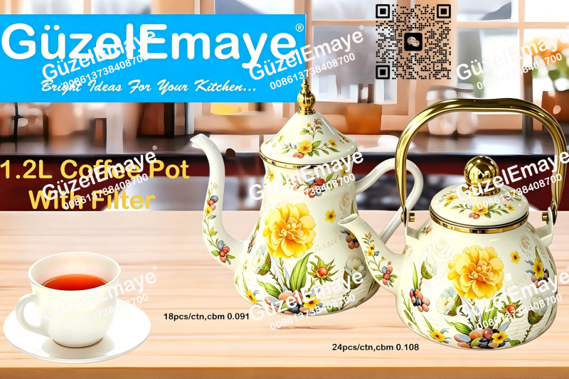 1.2L Luxury Mid-East Market Enamel Coffee Pot Enamel Teapot Kettle With Filter & Golden Knobs & Handle