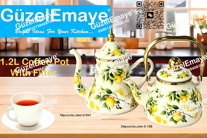 1.2L Luxury Mid-East Market Enamel Coffee Pot Enamel Teapot Kettle With Filter & Golden Knobs & Handle