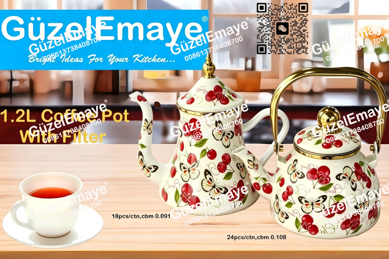 1.2L Luxury Mid-East Market Enamel Coffee Pot Enamel Teapot Kettle With Filter & Golden Knobs & Handle