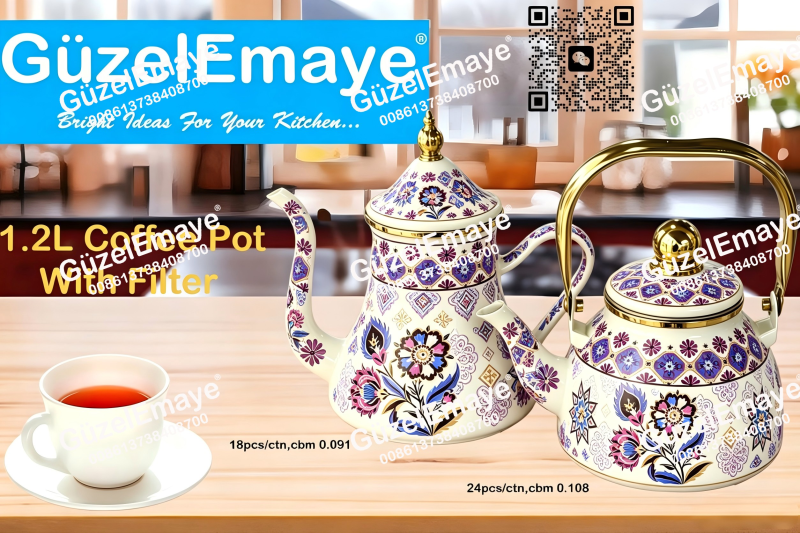 1.2L Luxury Mid-East Market Enamel Coffee Pot Enamel Teapot Kettle With Filter & Golden Knobs & Handle