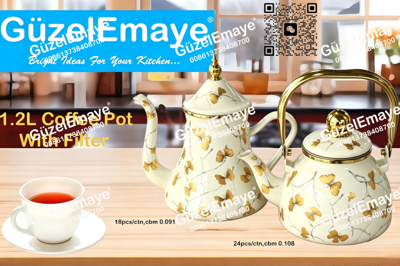 1.2L Luxury Mid-East Market Enamel Coffee Pot Enamel Teapot Kettle With Filter & Golden Knobs & Handle