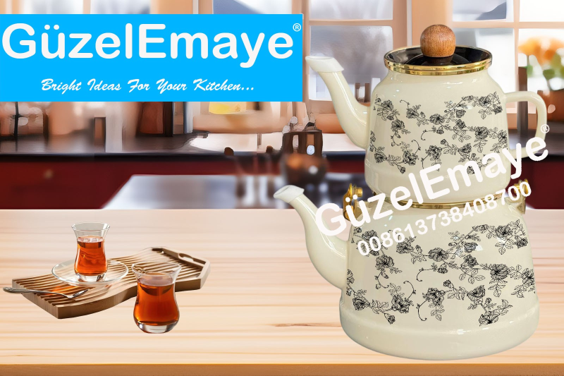 1.0L/2.5L GüzelEmaye Enamel Teapot Kettle Set With Decal Designs Wooden Knobs & Handle And Golden Rim