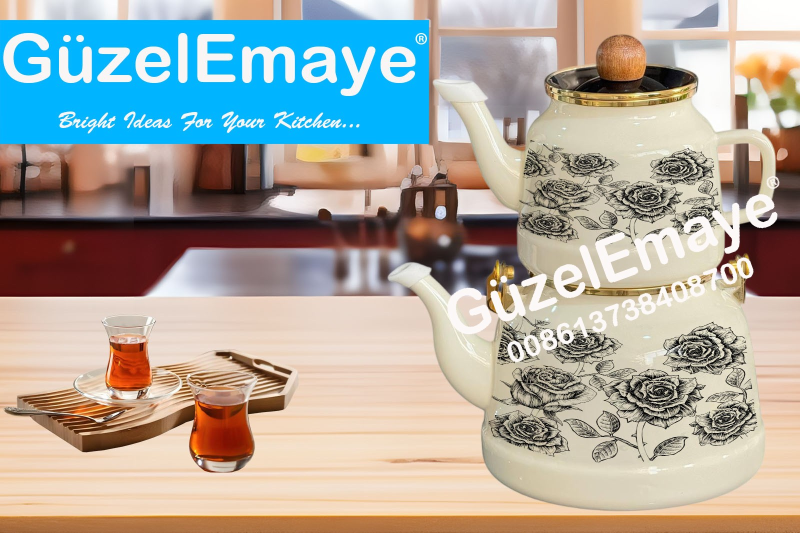 1.0L/2.5L GüzelEmaye Enamel Teapot Kettle Set With Decal Designs Wooden Knobs & Handle And Golden Rim
