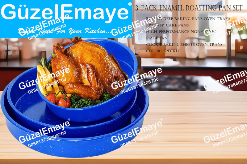 3-Pack 26cm-32cm-38cm Enamel Roasting Pan Set Round Deep Baking Pans Oven Trays10
