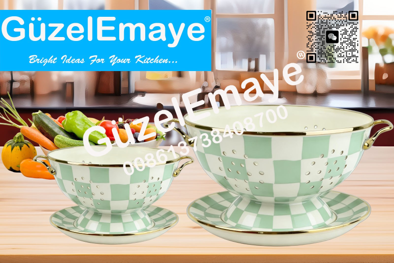 GüzelEmaye Enamel Metal Colander Set Of 2 Pieces Colander+Plate , Strainer Basket with Handles Perfect For Spaghetti, Pasta, Berry, Vegetable, Fruit