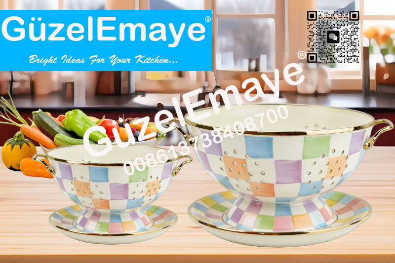 GüzelEmaye Enamel Metal Colander Set Of 2 Pieces Colander+Plate , Strainer Basket with Handles Perfect For Spaghetti, Pasta, Berry, Vegetable, Fruit