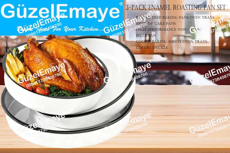 3-Pack 26cm-32cm-38cm Enamel Roasting Pan Set Round Deep Baking Pans Oven Trays10