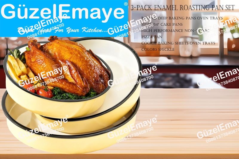 3-Pack 26cm-32cm-38cm Enamel Roasting Pan Set Round Deep Baking Pans Oven Trays10