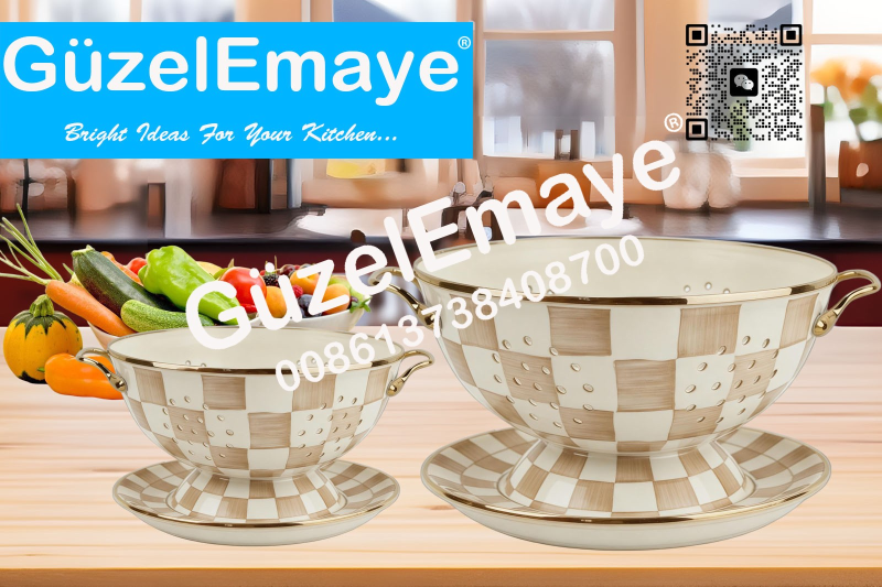 GüzelEmaye Enamel Metal Colander Set Of 2 Pieces Colander+Plate , Strainer Basket with Handles Perfect For Spaghetti, Pasta, Berry, Vegetable, Fruit