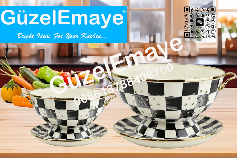 GüzelEmaye Enamel Metal Colander Set Of 2 Pieces Colander+Plate , Strainer Basket with Handles Perfect For Spaghetti, Pasta, Berry, Vegetable, Fruit