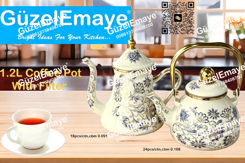 1.2L Luxury Mid-East Market Enamel Coffee Pot Enamel Teapot Kettle With Filter & Golden Knobs & Handle
