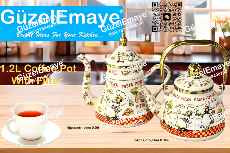 1.2L Luxury Mid-East Market Enamel Coffee Pot Enamel Teapot Kettle With Filter & Golden Knobs & Handle