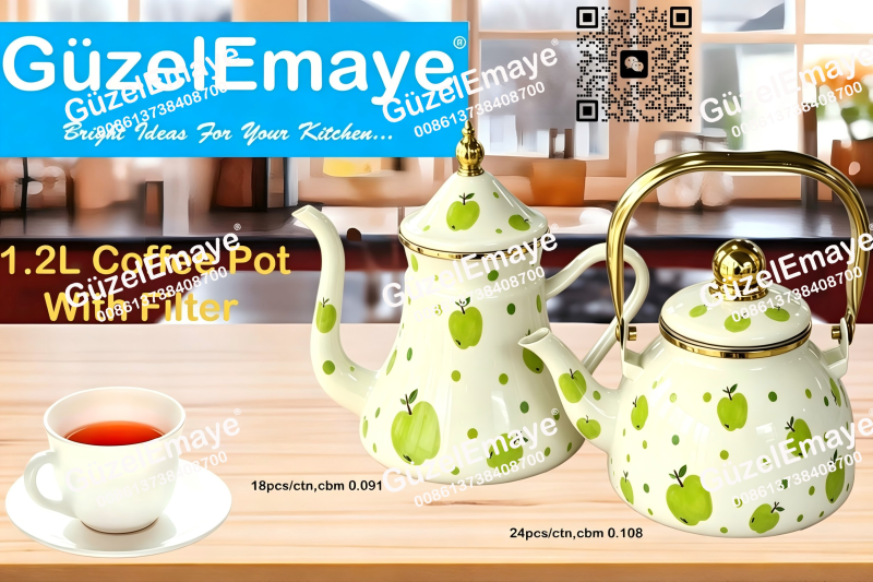 1.2L Luxury Mid-East Market Enamel Coffee Pot Enamel Teapot Kettle With Filter & Golden Knobs & Handle